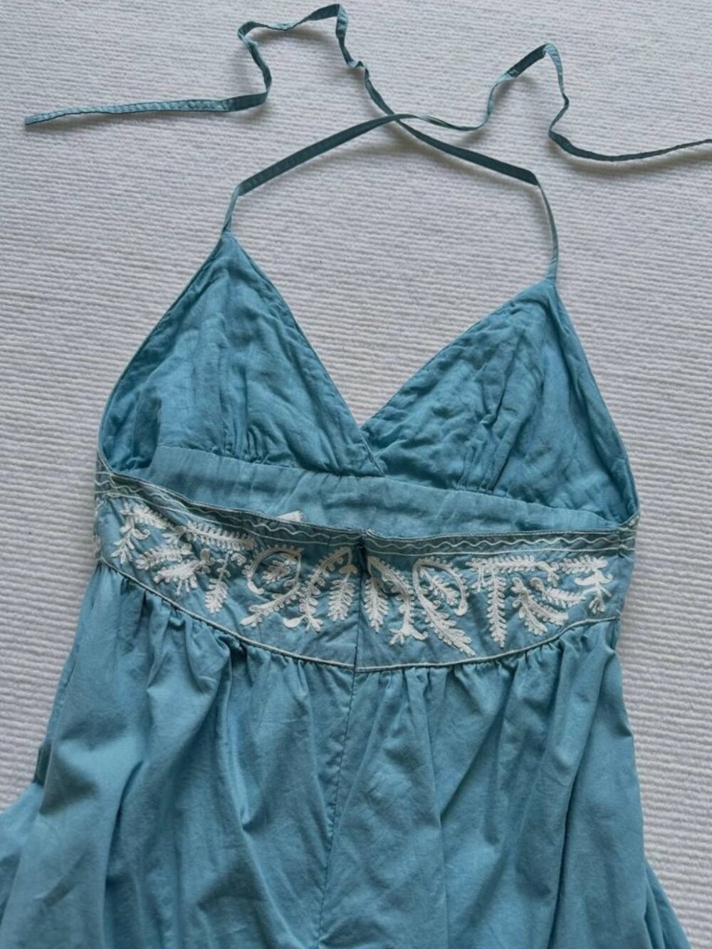 Vintage Teal Blue Embroidered Halter Maxi Dress Floral Boho Summer Beach Dress - Picture 4 of 6